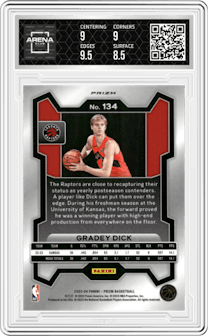 Gradey Dick from the 2023-24 Panini Prizm set featuring a Red Ice parallel graded by Arena Club and given an overall grade of 9.