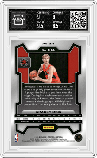 Gradey Dick from the 2023-24 Panini Prizm set featuring a Red Ice parallel graded by Arena Club and given an overall grade of 9.