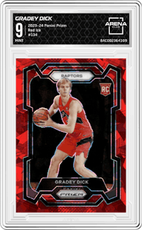 Gradey Dick from the 2023-24 Panini Prizm set featuring a Red Ice parallel graded by Arena Club and given an overall grade of 9.