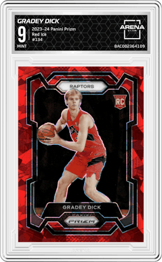 Gradey Dick from the 2023-24 Panini Prizm set featuring a Red Ice parallel graded by Arena Club and given an overall grade of 9.