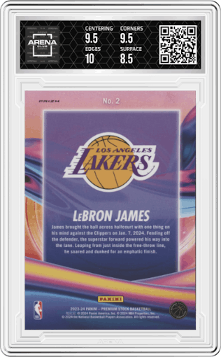LeBron James from the 2023-24 Panini Hoops Premium Stock set featuring a Silver Prizm parallel graded by Arena Club and given an overall grade of 9.