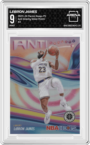 LeBron James from the 2023-24 Panini Hoops Premium Stock set featuring a Silver Prizm parallel graded by Arena Club and given an overall grade of 9.