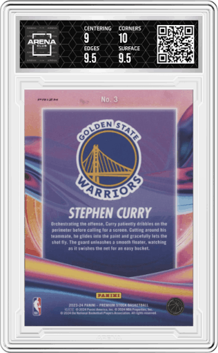 Stephen Curry from the 2023-24 Panini Hoops Premium Stock set featuring a Silver Prizm parallel graded by Arena Club and given an overall grade of 9.5.