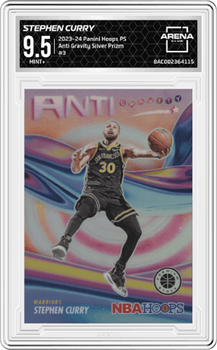 Stephen Curry from the 2023-24 Panini Hoops Premium Stock set featuring a Silver Prizm parallel graded by Arena Club and given an overall grade of 9.5.