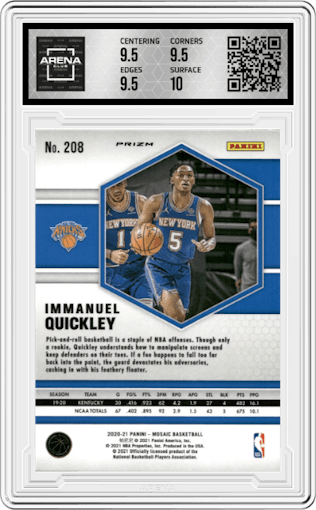 Immanuel Quickley from the 2020-21 Panini Mosaic set featuring a Gold Wave parallel graded by Arena Club and given an overall grade of 10.