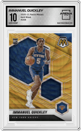 Immanuel Quickley from the 2020-21 Panini Mosaic set featuring a Gold Wave parallel graded by Arena Club and given an overall grade of 10.