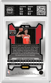 Amen Thompson from the 2023-24 Panini Prizm set featuring a Orange Ice parallel graded by Arena Club and given an overall grade of 9.
