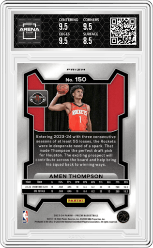 Amen Thompson from the 2023-24 Panini Prizm set featuring a Orange Ice parallel graded by Arena Club and given an overall grade of 9.
