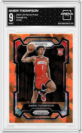 Amen Thompson from the 2023-24 Panini Prizm set featuring a Orange Ice parallel graded by Arena Club and given an overall grade of 9.