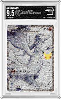 Reshiram from the 2021 Pokemon SWSH set featuring a Black & White parallel graded by Arena Club and given an overall grade of 9.5.