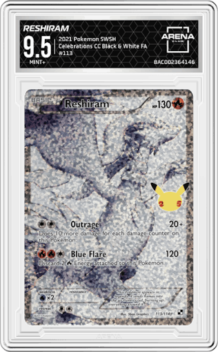 Reshiram from the 2021 Pokemon SWSH set featuring a Black & White parallel graded by Arena Club and given an overall grade of 9.5.