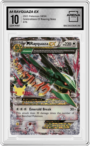 M Rayquaza EX from the 2021 Pokemon SWSH set featuring a Roaring Skies parallel graded by Arena Club and given an overall grade of 10.