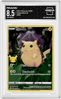 Pikachu from the 2021 Pokemon SWSH set graded by Arena Club and given an overall grade of 8.5.