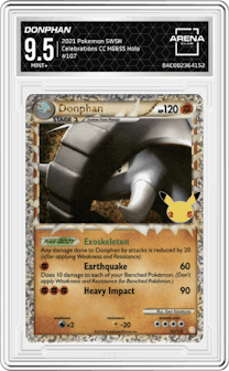 Donphan from the 2021 Pokemon SWSH set featuring a HG&SS parallel graded by Arena Club and given an overall grade of 9.5.
