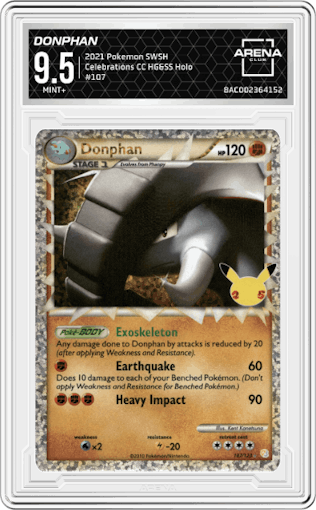Donphan from the 2021 Pokemon SWSH set featuring a HG&SS parallel graded by Arena Club and given an overall grade of 9.5.