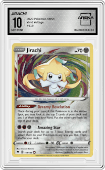 Jirachi from the 2020 Pokemon SWSH set graded by Arena Club and given an overall grade of 10.