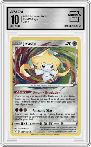 Jirachi from the 2020 Pokemon SWSH set graded by Arena Club and given an overall grade of 10.