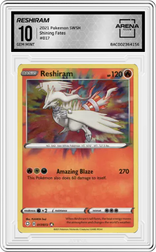 Reshiram from the 2021 Pokemon SWSH set graded by Arena Club and given an overall grade of 10.