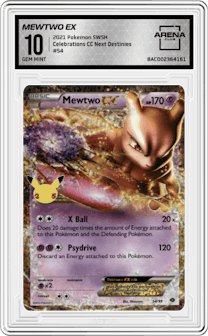 Mewtwo EX from the 2021 Pokemon SWSH set featuring a Next Destinies parallel graded by Arena Club and given an overall grade of 10.
