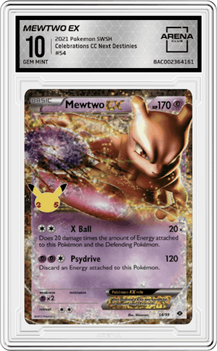 Mewtwo EX from the 2021 Pokemon SWSH set featuring a Next Destinies parallel graded by Arena Club and given an overall grade of 10.
