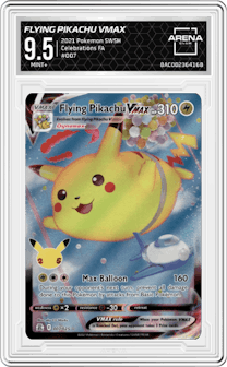 Flying Pikachu VMAX from the 2021 Pokemon SWSH set graded by Arena Club and given an overall grade of 9.5.