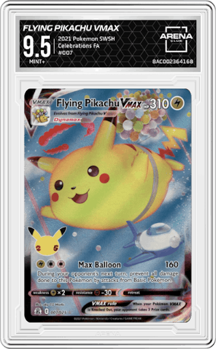 Flying Pikachu VMAX from the 2021 Pokemon SWSH set graded by Arena Club and given an overall grade of 9.5.