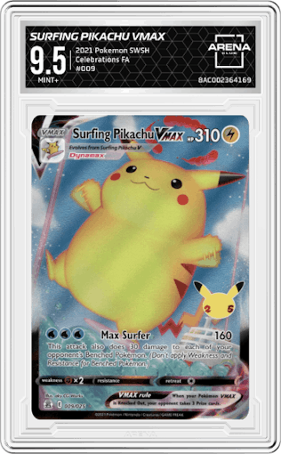 Surfing Pikachu VMAX from the 2021 Pokemon SWSH set graded by Arena Club and given an overall grade of 9.5.