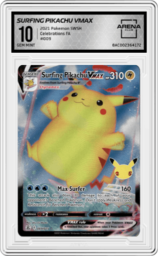 Surfing Pikachu VMAX from the 2021 Pokemon SWSH set graded by Arena Club and given an overall grade of 10.