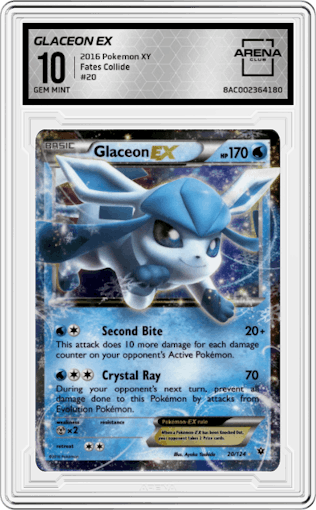Glaceon EX from the 2016 Pokemon XY set graded by Arena Club and given an overall grade of 10.