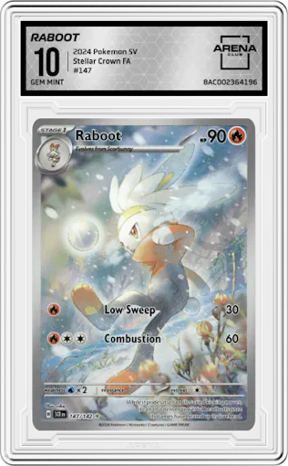 Raboot from the 2024 Pokemon SV set graded by Arena Club and given an overall grade of 10.