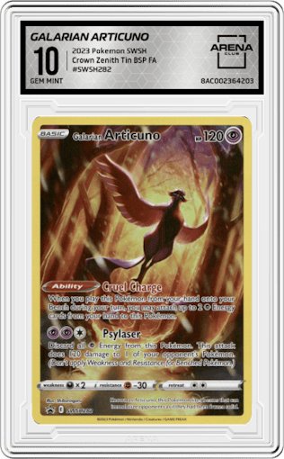 Galarian Articuno from the 2023 Pokemon SWSH set featuring a Galarian Articuno Crown Zenith Collection Tin parallel graded by Arena Club and given an overall grade of 10.