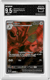 Scizor from the 2023 Pokemon SV set graded by Arena Club and given an overall grade of 9.5.