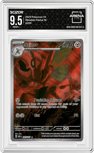 Scizor from the 2023 Pokemon SV set graded by Arena Club and given an overall grade of 9.5.