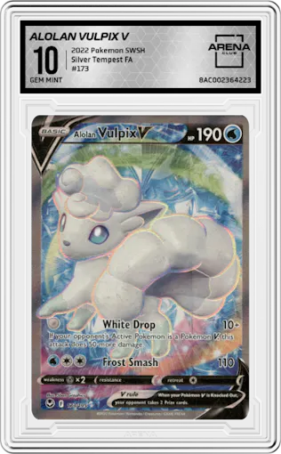 Alolan Vulpix V from the 2022 Pokemon SWSH set graded by Arena Club and given an overall grade of 10.