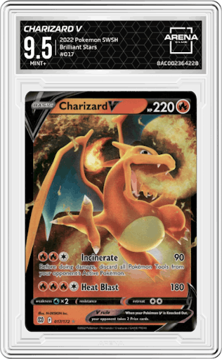 Charizard V  from the 2022 Pokemon SWSH set graded by Arena Club and given an overall grade of 9.5.