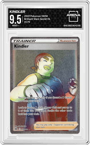 Kindler from the 2022 Pokemon SWSH set graded by Arena Club and given an overall grade of 9.5.