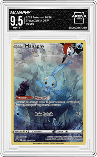 Manaphy from the 2023 Pokemon SWSH set graded by Arena Club and given an overall grade of 9.5.