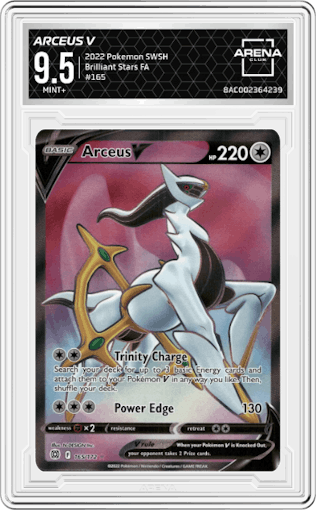 Arceus V from the 2022 Pokemon SWSH set graded by Arena Club and given an overall grade of 9.5.
