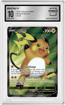 Raichu V from the 2022 Pokemon SWSH set graded by Arena Club and given an overall grade of 10.