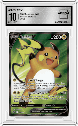 Raichu V from the 2022 Pokemon SWSH set graded by Arena Club and given an overall grade of 10.