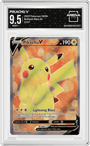 Pikachu V from the 2022 Pokemon SWSH set graded by Arena Club and given an overall grade of 9.5.