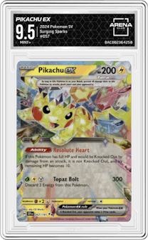 Pikachu ex from the 2024 Pokemon SV set graded by Arena Club and given an overall grade of 9.5.
