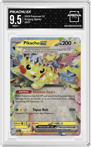 Pikachu ex from the 2024 Pokemon SV set graded by Arena Club and given an overall grade of 9.5.