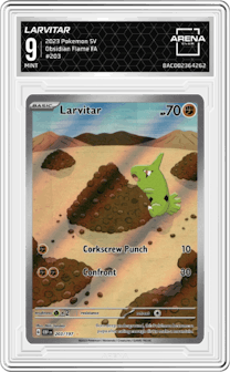 Larvitar from the 2023 Pokemon SV set graded by Arena Club and given an overall grade of 9.
