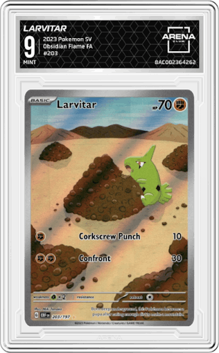 Larvitar from the 2023 Pokemon SV set graded by Arena Club and given an overall grade of 9.