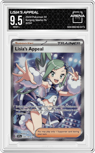Lisia's Appeal from the 2024 Pokemon SV set graded by Arena Club and given an overall grade of 9.5.