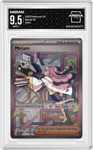 Miriam from the 2023 Pokemon SV set graded by Arena Club and given an overall grade of 9.5.