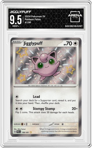 Jigglypuff from the 2024 Pokemon SV set graded by Arena Club and given an overall grade of 9.5.