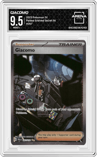 Giacomo from the 2023 Pokemon SV set graded by Arena Club and given an overall grade of 9.5.