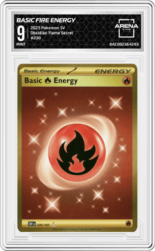 Basic Fire Energy from the 2023 Pokemon SV set graded by Arena Club and given an overall grade of 9.